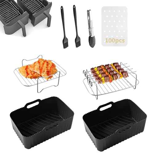 10PCS Silikonform für Heißluftfritteuse, Rechteckig Air Fryer Silikon Zubehör mit Edelstahl Grill, Lebensmittelklammern, Backpapier, Airfryer Zubehör Silikoneinsatz für Mikrowelle Ofenzubehör von YUNYODA