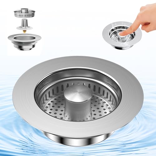 Abflusssieb Küchenspüle und Waschbeckenstöpsel, 3-in-1 Pop-Up Edelstahl Abflussstopfen Waschbecken mit Anti-Verstopfungs-Korb Abflusssieb Waschbecken für Spülbecken Durchmesser 75-87 mm von YUNYODA