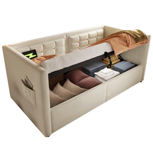 Polstertes Sofabett, Einzelbett Schlafsofa mit Hydraulischem Stauraum und USB & Type-C Ladestation, Gästebett mit Holzlattenrost, Samt, Ohne Matratze (Beige, 90x200 cm) von YUNYODA