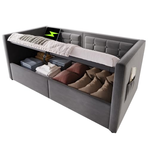 Polstertes Sofabett, Einzelbett Schlafsofa mit Hydraulischem Stauraum und USB & Type-C Ladestation, Gästebett mit Holzlattenrost, Samt, Ohne Matratze (Grau, 90x200 cm) von YUNYODA