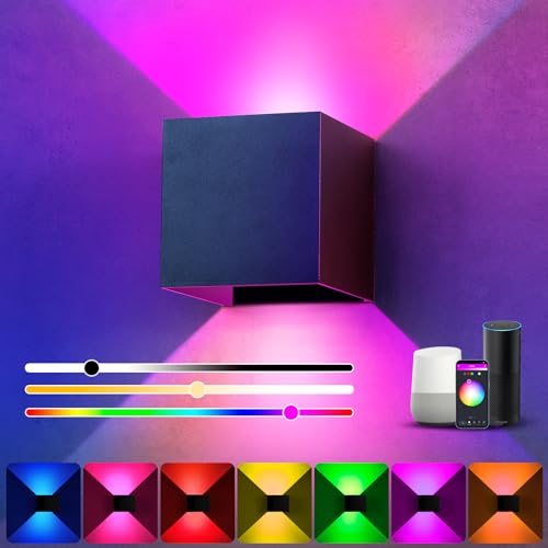 YUNYODA Smart RGB LED Wandleuchte Innen Dimmbar Wandlampe mit App-Fernbedienung,Musik-Sync,DIY 16 Millionen Farben,Einstellbar Abstrahlwinkel Led Wandbeleuchtung Innen/Außen für Schlafzimmer Flur von YUNYODA