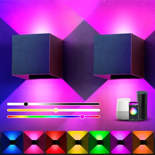 Smart RGB LED Wandleuchte Innen Dimmbar Wandlampe mit App-Fernbedienung,Musik-Sync,DIY 16 Millionen Farben,Einstellbar Abstrahlwinkel Led Wandbeleuchtung Innen/Außen für Schlafzimmer Flur Wohnzimmer von YUNYODA