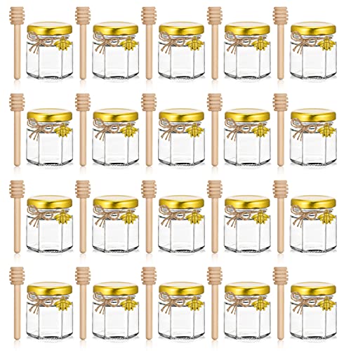 YUNYODA 1,5 Unzen Hexagon Mini Glas Honiggläser, 20er-Pack Honiggläser mit Holzlöffel, Goldenem Deckel, Bienenanhängern,Perfekt für Babypartys,Hochzeitsgeschenke,Partygeschenke von YUNYODA