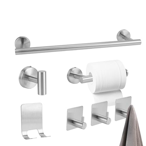 YUNYODA 7 IN 1 Handtuchhalter Set, Handtuchstange Edelstahl mit Selbstklebend 3 Stück Handtuchhaken und Toilettenpapierhalter, Wand Badezimmer Zubehör Set für Bad & Küche, Silber von YUNYODA