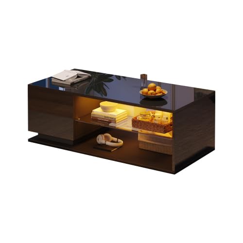 YUNYODA Couchtisch, Hochglanz Couchtisch mit LED-Leuchten (App Control), Helligkeiteinstellbar Wohnzimmertischmit Kaffeetisch mit Offener Stauraum und Seitenablagen, 105 x 50 x 36 cm Schwarz von YUNYODA