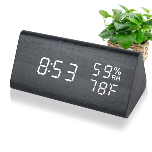 YUNYODA Digital Alarm Clock, Large LED Display Alarm Clock with 3 Alarms, Wooden Table Clock 3 Brightness Dimmable with Humidity and Temperature Display, USB Alarm Clock Snooze with Voice Control von YUNYODA
