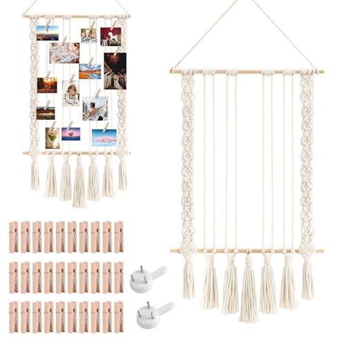 YUNYODA Foto Hängendes Makramee, Wandbehang Fotowand Bilderrahmen mit 30 Holzclips und 1 spurlosen Nägeln, Makramee Organizer Foto Collage Wand für Wohnkultur, Schlafzimmer von YUNYODA