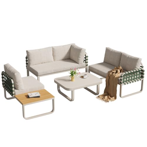 Gartenmöbel Set (4-5 Sitzer), Leder Rattan Garten Lounge Set, Modernes Outdoor Sofa Set inkl. Aller Sitz- und Rückenkissen, Balkonset, Garten und Terrasse, Aprikose von YUNYODA