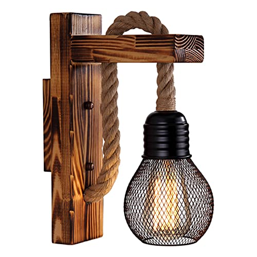 YUNYODA Industrielle Holz Eisen Hanf Seil Wandleuchte, kreative Persönlichkeit Lift Riemenscheibe Wandleuchten Leuchte Vintage Retro Lampe Leuchten für Schlafzimmer Restaurant Café (ohne Glühbirne) von YUNYODA