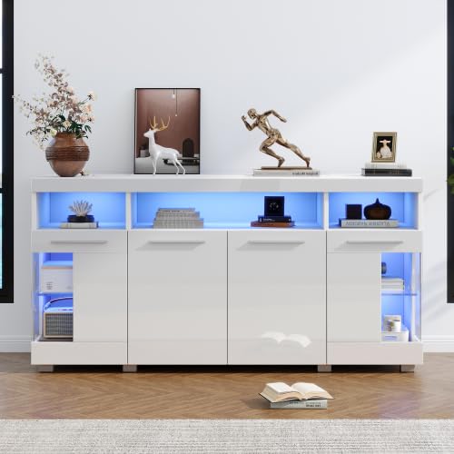 YUNYODA Modernes Sideboard, Wohnzimmer Hochglanz Seitenschrank mit LED Licht, Zementfarbener Beistelltisch Seitenschrank aus gehärtetem Glas mit 3 Fächern, 140 x 40 x 70 cm (Weiß) von YUNYODA