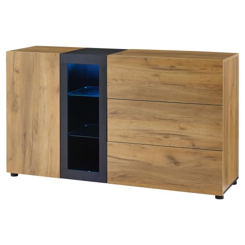 YUNYODA Modernes Sideboard mit 3 Schubladen, Kommode mit Glas und LED-Leuchten (App Control), Buffetschrank Aufbewahrungsschrank für Wohnzimmer, Esszimmer, Schlafzimmer, Breite 140 x 40 x 80 cm von YUNYODA