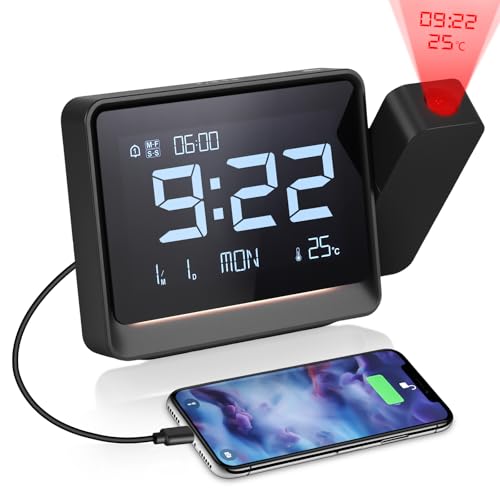 YUNYODA Projektionswecker, Projektion Digitaler Wecker mit Temperatur Datum Bluetooth Snooze Nachtlicht 12/24H Einstellbare Helligkeit Lautstärke, Digitaler Wecker Geeignet für Büro & Schlafzimmer von YUNYODA