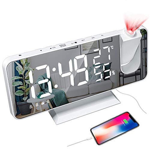 YUNYODA Projektionswecker, digitaler LED-Wecker mit Spiegelfläche, USB-Ladeanschluss, Wiederholung, Dual-Alarm, FM-Radio, 3 Dimmmodus, Luftfeuchtigkeit der Temperatur, Einstellung 12/24 Stunden von YUNYODA