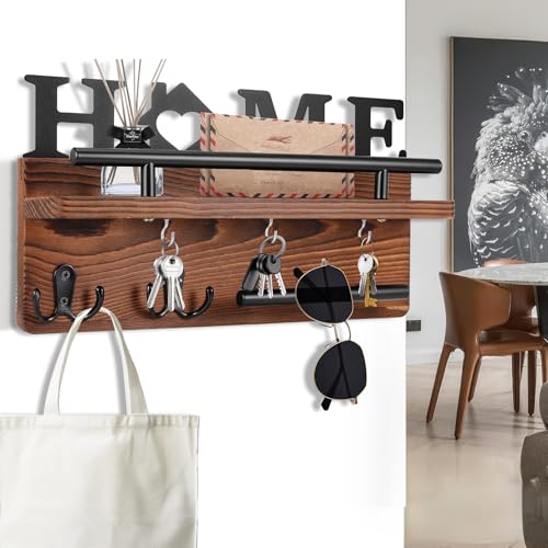 YUNYODA Schlüsselbrett Holz mit Ablage, Schlüsselhalter Wand mit 3 Schlüsselhaken und 2 Wandgarderobe, Multifunktionales Schlüsselboard Modern Schlüsselablage für Eingangsbereich, Haustür, Flur von YUNYODA