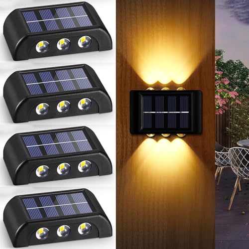 YUNYODA Solar Wandleuchte Aussen 4 Stück, Solarlampen für Außen Wand mit Up & Down Licht, IP65 Wasserdichte LED Solarleuchten Garten Dekorative für Balkon Zaun Veranda Hof Rasen Terrasse, Warmweiß von YUNYODA