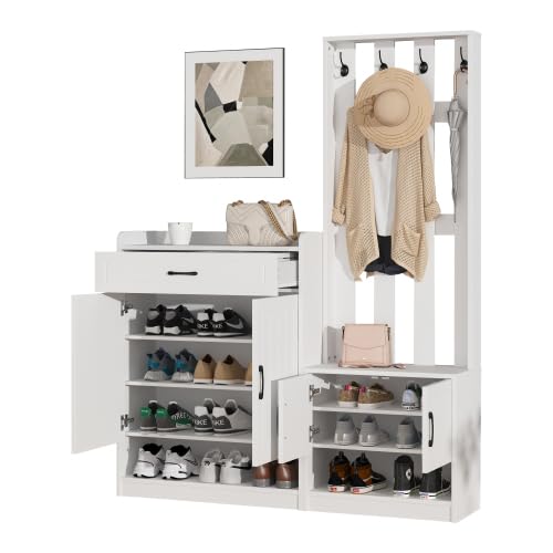 YUNYODA Weiß Garderoben-Set, Matt Flurgarderobe Paneel mit Schuhschränke und 4 Haken, Flurgarderobe mit Schubladen Flurmöbel Schuhwechsler-Set,140.6 x 32 x 180 cm von YUNYODA