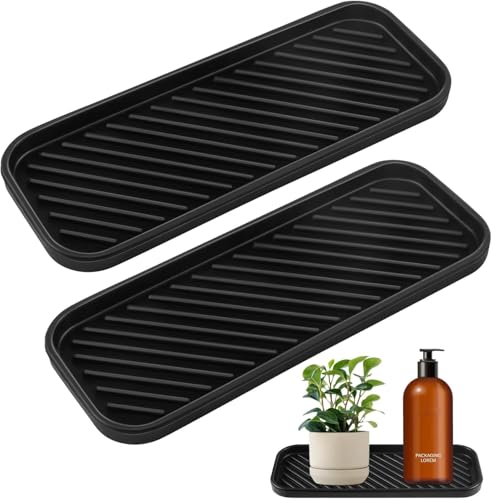 YUNYU 2er-Pack hitzebeständiges Silikon-Tablett, rutschfeste, verdickte Abtropfgestell für Küchenarbeitsplatte, Abtropfmatte & Organizer mit Anti-Rutsch-Streifen (Schwarz) von YUNYU