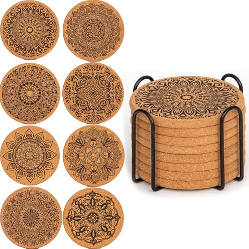 YUNYU Untersetzer aus Kork und Holz, mit Halterung, hitzebeständige Getränkeuntersetzer, rutschfeste, saugfähige Untersetzer-Set für Couchtische, natürliche braune Holzuntersetzer, Heimdekor-Zubehör von YUNYU