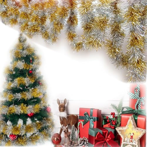 Lametta-Girlande, Weihnachts-Lametta-Girlande, Glitzergirlande, Tannengirlande, Treppengirlande, Weihnachtsfeier-Dekoration, Christbaumschmuck 5X 2 m(Gold-Silber) von YUNZHISHIYE