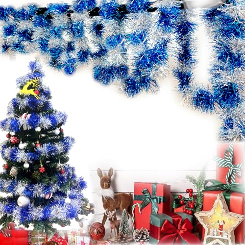 Lametta-Girlande, Weihnachts-Lametta-Girlande, Glitzergirlande, Tannengirlande, Treppengirlande, Weihnachtsfeier-Dekoration, Christbaumschmuck 5X 2 m(blau, Silber) von YUNZHISHIYE