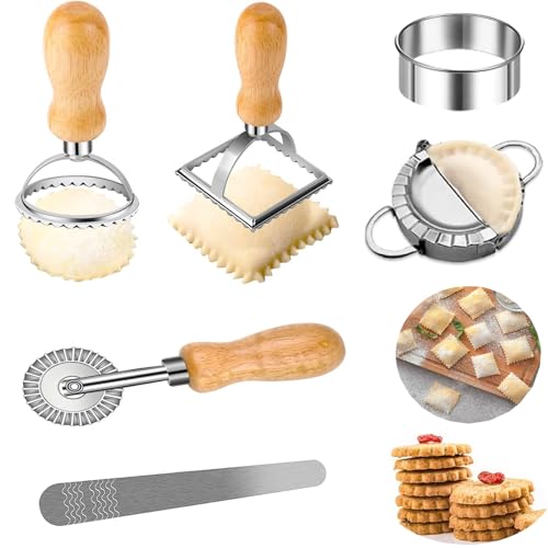 Raviolimesser-Set (6er-Set) Mit Knödelformer Aus Edelstahl Und Teigrad. Aus Hochwertigem Eichenholz Und Edelstahl. Ideal Für Ravioli, Knödel, Nudeln Und Mehr (6-teiliges Set) von YUNZHISHIYE