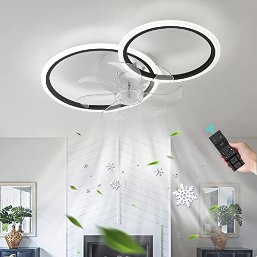 2-Kreis Design Deckenventilator Mit Licht Und Fernbedienung Leiser DC-Motor LED Dimmbare Ventilator Licht Decke 6 Geschwindigkeit Pendelleuchte Für Schlafzimmer Wohnzimmer LED-Deckenleuchte-Black von YUNZI