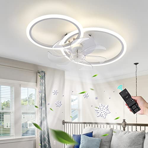 2-Kreis Design Deckenventilator Mit Licht Und Fernbedienung Leiser DC-Motor LED Dimmbare Ventilator Licht Decke 6 Geschwindigkeit Pendelleuchte Für Schlafzimmer Wohnzimmer LED-Deckenleuchte-White von YUNZI