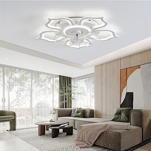 Großer Floraler Wohnzimmer-Deckenventilator Mit Licht, Deckenventilator Design LED Dimmbar, Reversibler DC-Motor, Winter- Und Sommermodus, Deckenleuchte Mit Ventilator Und Zeitschaltuhr-White||65CM von YUNZI