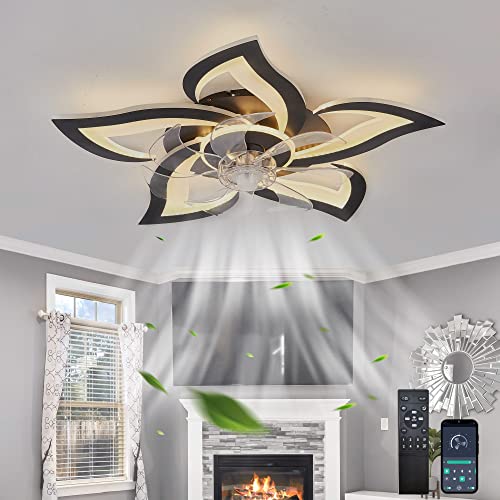 Blumen-Deckenventilator Mit Licht Und Fernbedienung Leise Wohnzimmer Dimmbar Helle LED-Licht Mit Ventilator DC-Motor Reversibel 6 Geschwindigkeit Beleuchtung Design-Black von YUNZI