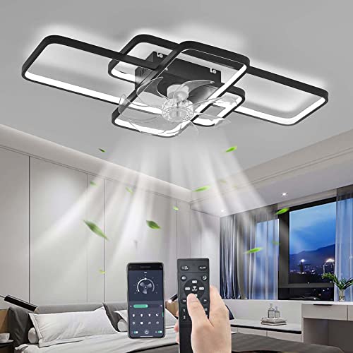 YUNZI Leise Deckenventilator mit Beleuchtung LED 80W Dimmbar Ventilator Deckenleuchte mit Fernbedienung, Modern Lampe für Wohnbereich Schlafzimmer Küche, 6 Geschwindigkeiten, Schwarz 103CM von YUNZI
