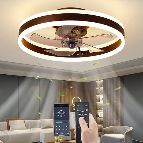 YUNZI Ruhig Deckenventilator mit Licht und Fernbedienung, LED 60W Dimmbar Deckenlampe Modern Deckenventilatoren zum Wohnzimmer Schlafzimmer, 6 Geschwindigkeiten, Dimmen Beleuchtung,Braun, 50CM von YUNZI