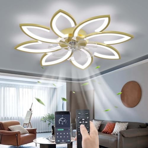 YUNZI Stumm Deckenventilator mit Beleuchtung mit Fernbedienung, LED Dimmbar Ventilator Deckenleuchte Modern Licht für Wohnbereich Schlafzimmer, Einstellbar 6 Geschwindigkeiten, Gold 90CM von YUNZI