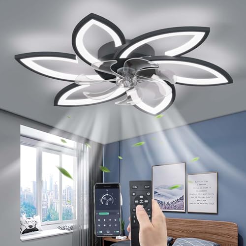 Stumm Deckenventilator mit Beleuchtung mit Fernbedienung, LED Dimmbar Ventilator Deckenleuchte Modern Licht für Wohnbereich Schlafzimmer, Einstellbar 6 Geschwindigkeiten, Schwarz 78CM von YUNZI