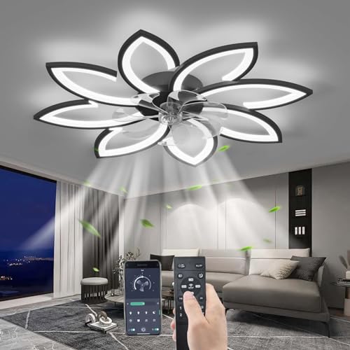 YUNZI Stumm Deckenventilator mit Beleuchtung mit Fernbedienung, LED Dimmbar Ventilator Deckenleuchte Modern Licht für Wohnbereich Schlafzimmer, Einstellbar 6 Geschwindigkeiten, Schwarz 90CM von YUNZI