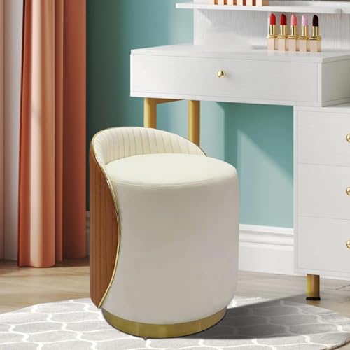Schminkstuhl Nappaleder, Rund Schminktisch Hocker 360° Drehbar, Schminkhocker Gepolstert mit Lehne, Stuhl Schminktisch, Moderner Multifunktionaler Goldenem Detail, für Wohnzimmer Schlafzimmer (Orange) von YUODIJIO