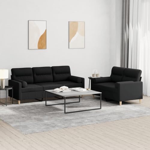 2-tlg. Sofagarnitur mit Kissen Schwarz Stoff. Wohnzimmer Sofa Set mit Rollkissen. Bequemes 2+3 Sitzer Sofa Set aus strapazierfähigem Polyester Stoff für Wohnzimmer. Esszimmer. Lounge Bereich von YUOTYRKTEJRSG