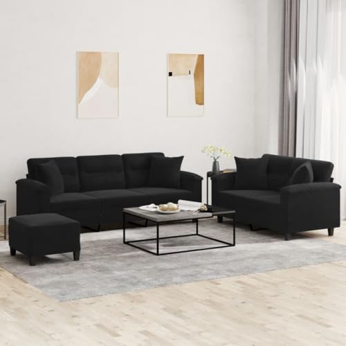 3-tlg. Sofagarnitur Schwarz Mikrofaser Wohnzimmer Set mit Kissen. 2+3 Sitzer Couch und Hocker. Fleckenresistentes Polster. Robustes Metallgestell für gemütliches Fernsehen und Entspannen 3-tlg. Sofagarnitur Schwarz Mikrofaser Wohnzimmer Set mit Kissen. 2+3 Sitzer Couch und Hocker. Fleckenresistentes Polster. Robustes Metallgestell für gemütliches Fernsehen und Entspannen von YUOTYRKTEJRSG