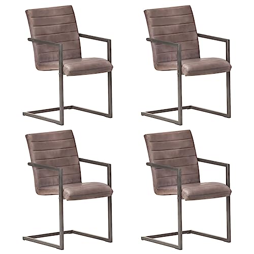 Freischwinger Dining Chairs Set of 4 Brown Genuine Leather Retro Kitchen Chairs with Iron Frame, Comfortable Padded Seating for Dining Room and Kitchen Decor von YUOTYRKTEJRSG