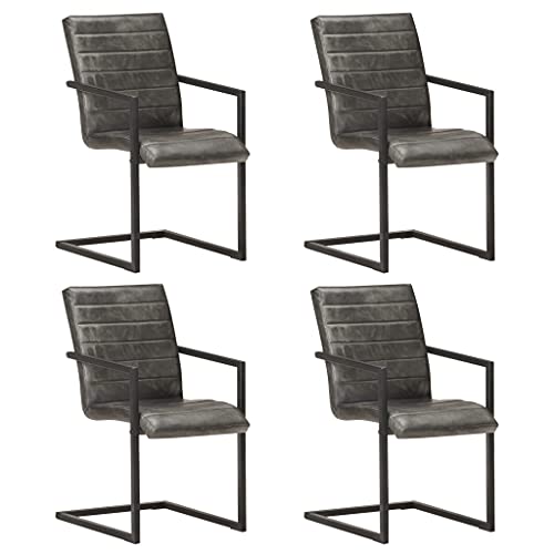 Freischwinger Dining Chairs Set of 4 Gray Genuine Leather with Retro Design for Kitchen and Dining Room, Comfortable Padded Seating with Powder Coated Iron Frame von YUOTYRKTEJRSG