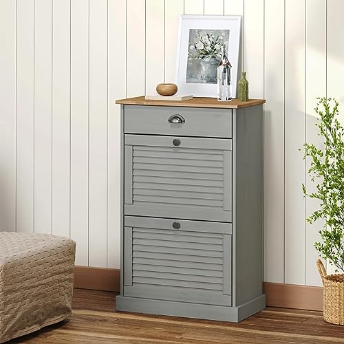 Schuhschrank VIGO Shoe Storage Cabinet 60x35x96 cm Gray Solid Pine Wood with Metal Handles, Spacious Organizer for Entryway & Bedroom, Rustic Design with Jalousie Doors, Easy Assembly & Cleaning von YUOTYRKTEJRSG