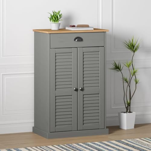 VIGO Gray Shoe Cabinet 60x35x96 cm Solid Pine Wood with 2 Compartments & Drawer, Space-Saving Entryway Storage Organizer for Hallway, Living Room, Rustic Home Furniture with Metal Handles von YUOTYRKTEJRSG
