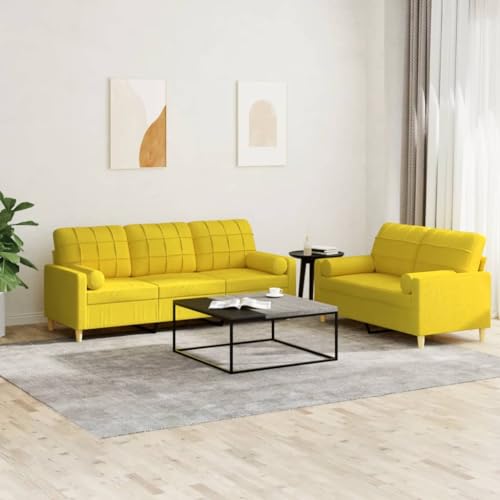 YUOTYRKTEJRSG 2-TLG. Sofagarnitur mit Kissen Hellgelb Stoff. 2+3 Sitzer Wohnzimmergarnitur mit Rollkissen. Bequeme Polstergarnitur aus strapazierfähigem Polyesterstoff für Wohnzimmer. Esszimmer von YUOTYRKTEJRSG