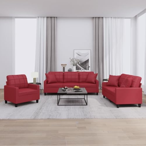 YUOTYRKTEJRSG 3 Piece Sofa Set with Cushions Wine Red Faux Leather Living Room Furniture Comfortable Seating for Home Lounge Chat TV Watching Durable Modern von YUOTYRKTEJRSG