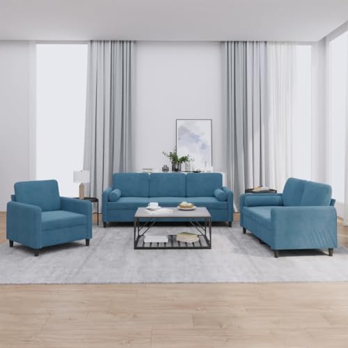 YUOTYRKTEJRSG 3-TLG. Sofagarnitur mit Kissen Blau Samt. Wohnzimmer Sofa Set mit weichen Samtkissen. bequemes 3-Sitzer Sofa. Sessel und 2-Sitzer für gemütliches Wohnen. Fernsehen und Entspannen von YUOTYRKTEJRSG