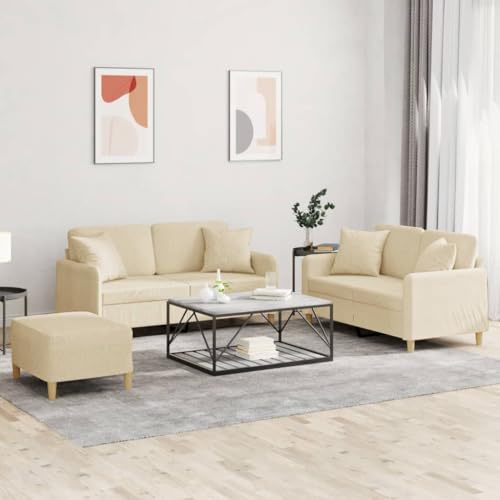 YUOTYRKTEJRSG 3-TLG. Sofagarnitur mit Kissen Creme Stoff. 2-Sitzer Sofa Set mit Hocker. Bequeme Wohnzimmergarnitur aus strapazierfähigem Polyester. Modernes Design für Wohnzimmer und Essbereich von YUOTYRKTEJRSG