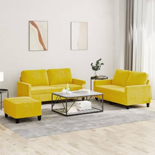 YUOTYRKTEJRSG 3-TLG. Sofagarnitur mit Kissen Gelb Samt. 2-Sitzer Sofa Set mit Hocker. weicher Veloursstoff. Robustes Metallgestell. perfekt für Wohnzimmer und Loungebereich von YUOTYRKTEJRSG