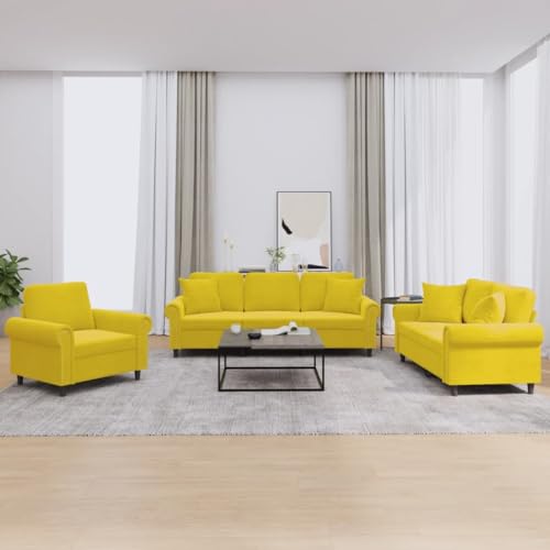 YUOTYRKTEJRSG 3-TLG. Sofagarnitur mit Kissen Gelb Samt. Velvet Sofa Set with Cushions. Living Room Furniture Set with Soft Fabric. Sturdy Frame. Comfortable Seating for Relaxing and Entertaining von YUOTYRKTEJRSG