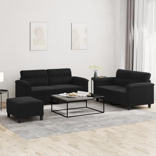 YUOTYRKTEJRSG 3-TLG. Sofagarnitur mit Kissen Schwarz Mikrofasergewebe. 2-Sitzer Sofa Set mit Hocker. Wohnzimmer Möbel für Wohnzimmer. Esszimmer. Schlafzimmer. Langlebig. Bequem. Fleckenresistent von YUOTYRKTEJRSG