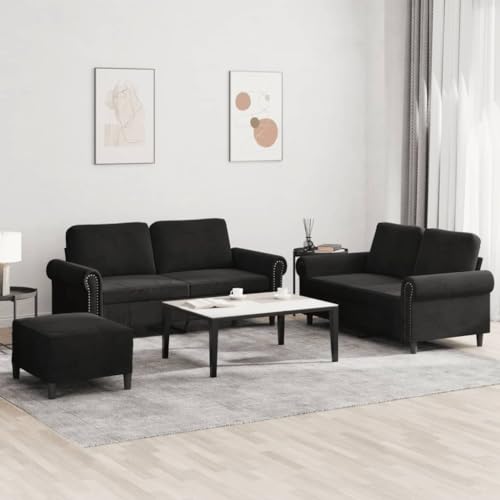 YUOTYRKTEJRSG 3-TLG. Sofagarnitur mit Kissen Schwarz Samt. 2 Sitzer Sofa Set mit Hocker. Weicher Velours Stoff. Robustes Metallgestell. Perfekt für Wohnzimmer und Gästezimmer von YUOTYRKTEJRSG