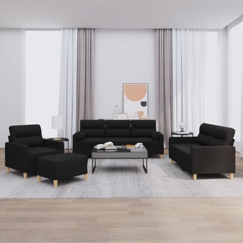 YUOTYRKTEJRSG 4-Piece Sofa Set with Cushions Black Fabric Living Room Furniture. Comfortable 3+2 Seater Couch with Ottoman and Pillows. Modern Home Decor for Lounge and Entertainment Space von YUOTYRKTEJRSG